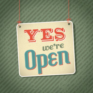 vintage sign with words come in we're open on green background clipart