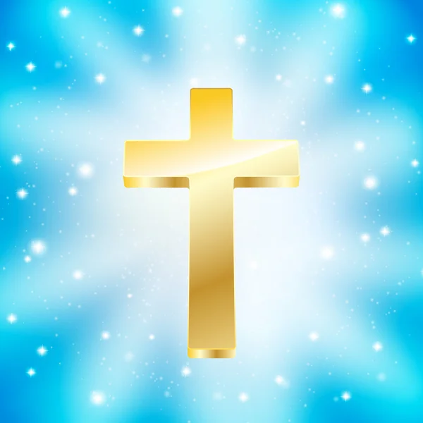 Golden cross on light rays blue background — Stock Vector