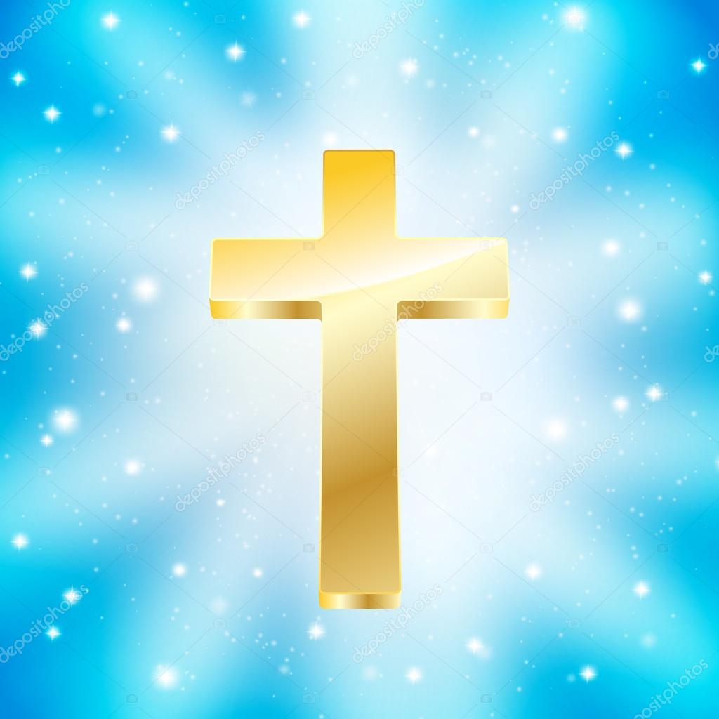 golden cross on light rays blue background