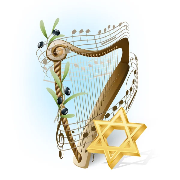 Harp with musical notes, olives and star of David — Stock Vector