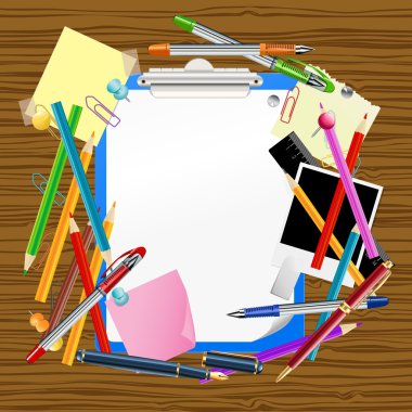 school background with clipboard and office supplies