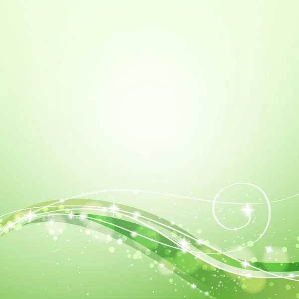 Abstrato fundo verde com linhas fluidas e brilhos — Vetor de Stock