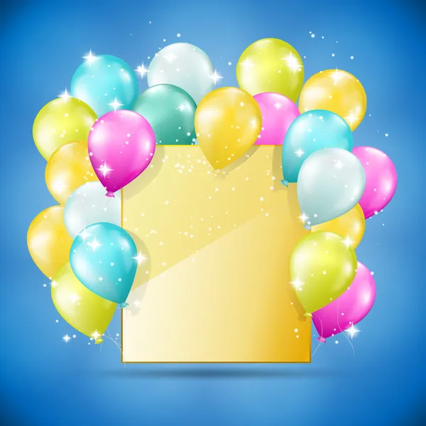 Golden card with balloons and sparkles — Stock Vector