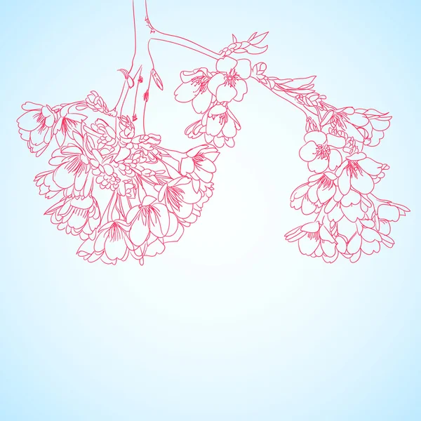 Blauwe achtergrond met rode sakura bloemen — Stockvector