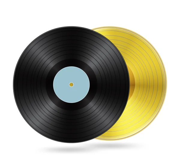 Vinilo negro y disco dorado con etiqueta en blanco — Vector de stock