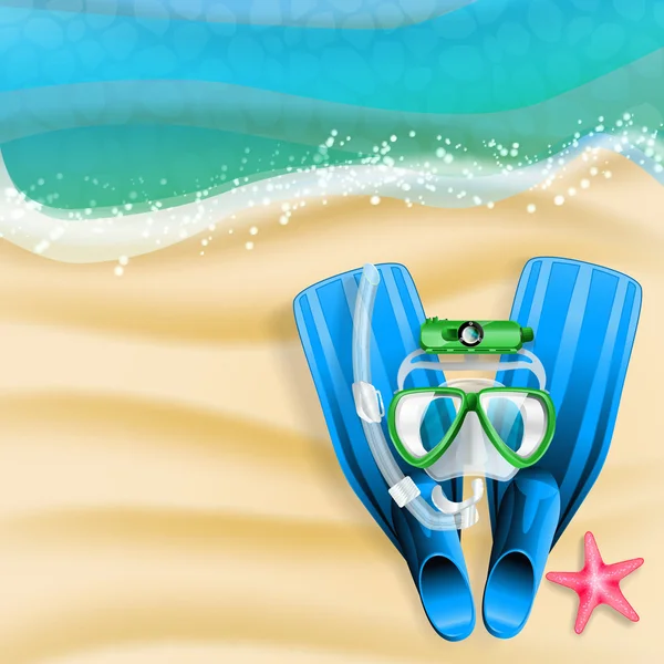 Maschera subacquea, camma, tubo e stelle marine su sfondo spiaggia — Vettoriale Stock