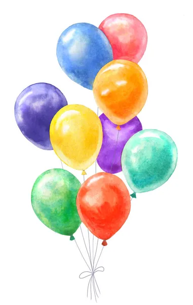 Bunch Colorful Watercolor Balloons Isolated White Group Bright Holiday Balloons — Stock Photo, Image