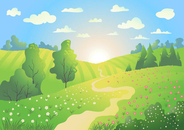 Сельский пейзаж иллюстрация с восходящим солнцем, холмы с цветами, кустами и деревьями и голубым небом