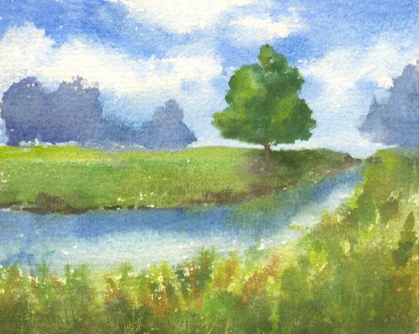 Akvarel Ilustrace Letní Krajiny Stromy Zelená Tráva Řeka Modrá Obloha — Stock fotografie