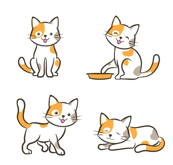 Cute Cat Various Poses Cartoon Kitten Dreaming Standing Sitting Walking — Stock Vector
