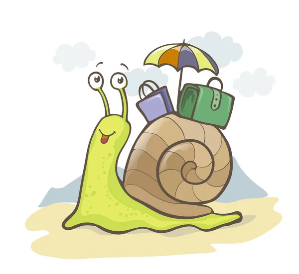 Desenho Caracol Desenhos Animados Com Guarda Chuva Bagagem Sorriso Feliz —  Vetores de Stock