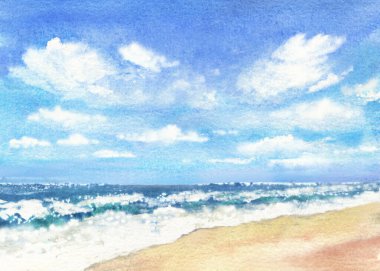 Dokunulmamış tropikal plaj dalgaları ve beyaz kabarık bulutlu gökyüzü. Suluboya el çizimi çizimi