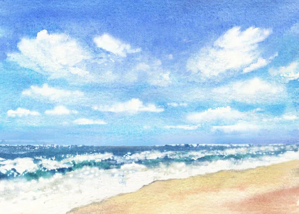 Untouched Tropical Beach Waves Sky White Puffy Clouds Watercolor Hand — Stock Photo, Image