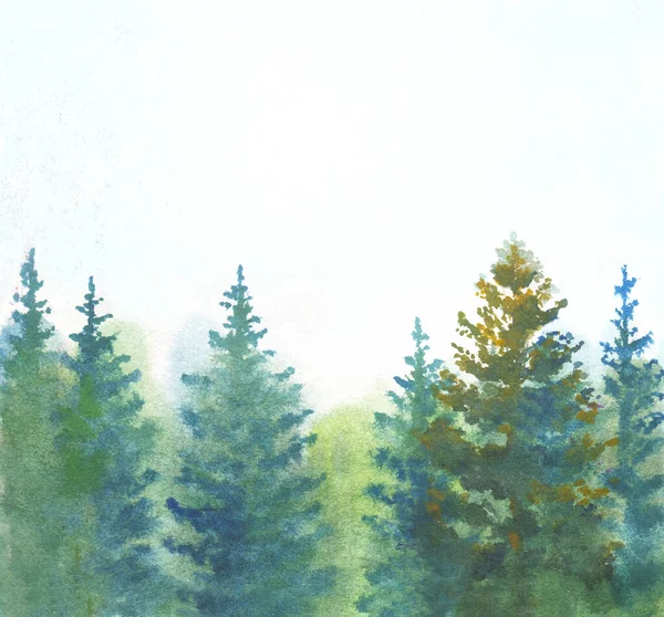 Akvarel Krajina Jedlemi Smrky Stromy Akvarelu Volné Stylu Příroda Pozadí — Stock fotografie