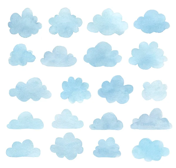 Conjunto Nuvens Aquarela Isoladas Branco Desenhos Animados Estilo Aquarela Ilustração — Fotografia de Stock