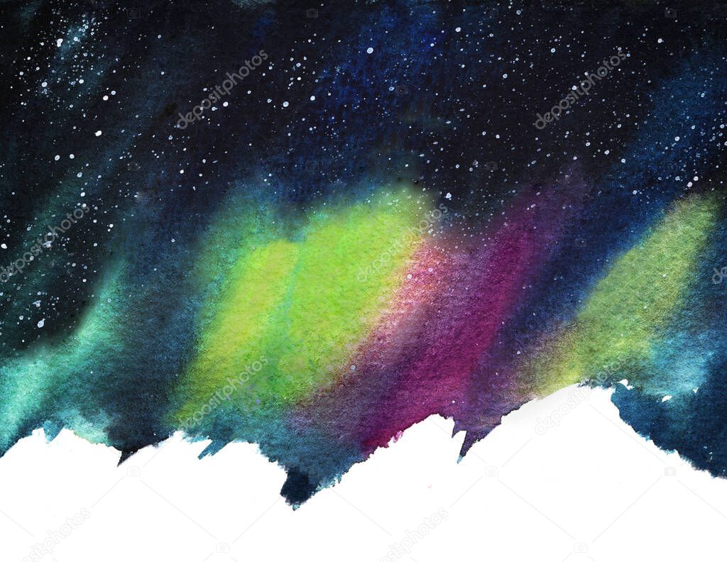 watercolor colorful illustration of northern lights over night sky with stars and white snowy hills. watercolor nature background illustration