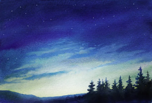 Akvarel Ilustrace Mírumilovných Smrků Modrá Hvězdnatá Obloha Pozadí Pro Kreativní — Stock fotografie