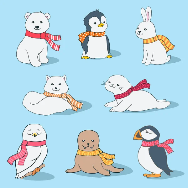 Set Cartoon Polar Animals Scarfs Vector Illustration Arctic Fox Polar — Stock Vector