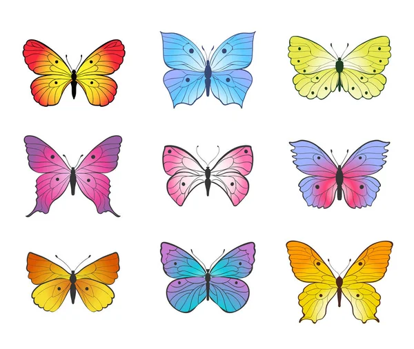 Szett Pillangók Rajzolt Vonal Művészeti Stílus Színes Illusztráció Különböző Formák — Stock Vector