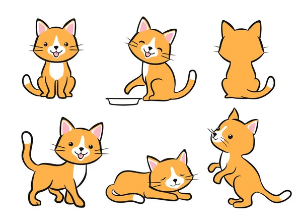 Set Cartoon Kitten Various Expressions Sitting Begging Walking Sleeping Cat — Stock Vector