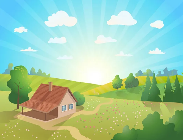 Salida Del Sol Paisaje Rural Con Sol Nubes Colinas Árboles — Vector de stock