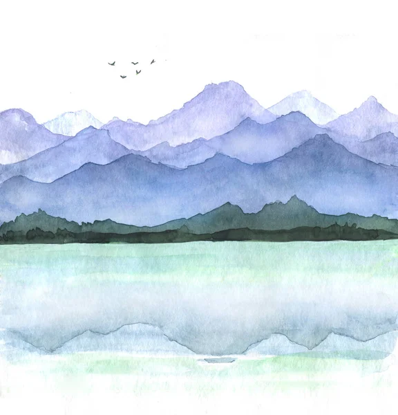 Watercolor Illustration Mountains Peaks Lake Reflection Flying Birds Clouds — Stock Photo, Image