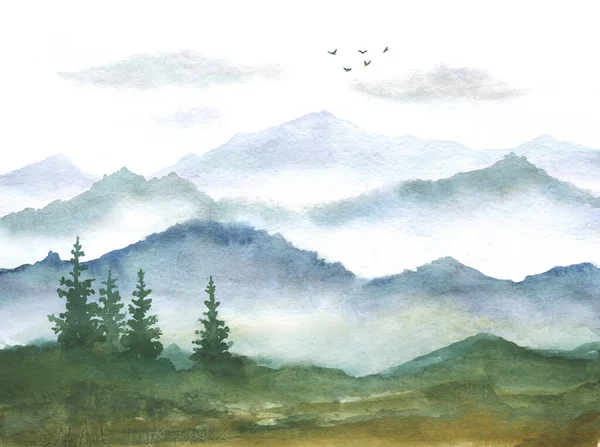 Akvarel Krajina Ilustrace Vzdálenými Horami Mlhavé Kopce Smrkové Stromy Létající — Stock fotografie