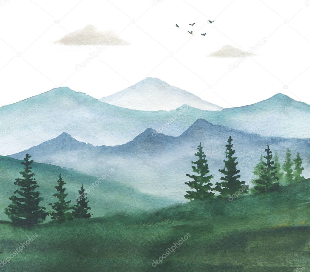 Watercolor illustration with spruce trees, distant mountains peaks and foggy hills, flying birds over the clouds
