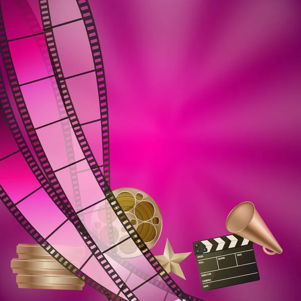 Mozi Rózsaszín Háttér Tapsoló Tekercsek Csillag Filmcsíkok Vektor Illusztráció — Stock Vector