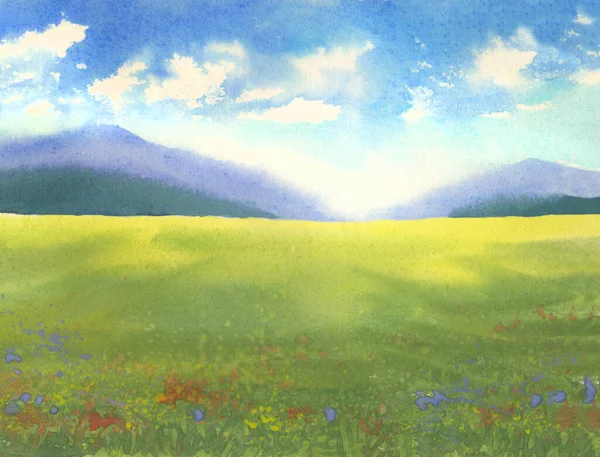 Mavi Gökyüzü Olan Küçük Tepelerdeki Yeşil Çimen Tarlası Çayır Alkali — Stok fotoğraf
