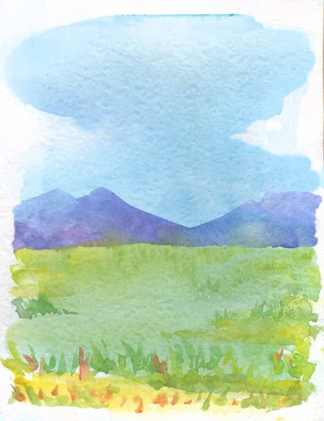 Abstract Watercolor Illustration Grassland Mountains Blue Sky Clouds —  Fotos de Stock