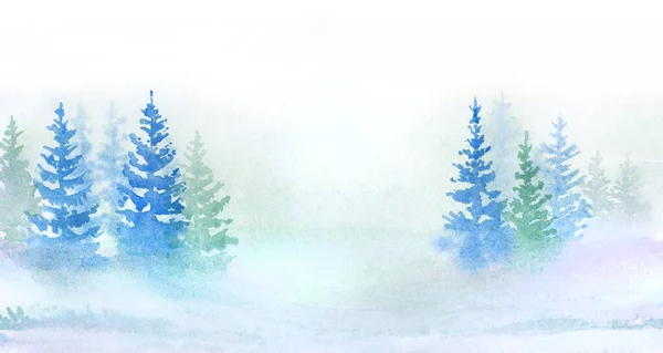Watercolor Natural Winter Background Fir Trees Snow Hand Drawn Illustration — Stock Photo, Image