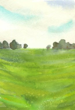 Yeşil çimenli doğal arka plan, ufukta ağaçlar ve gökyüzünde suluboya elle çizilmiş resimler.