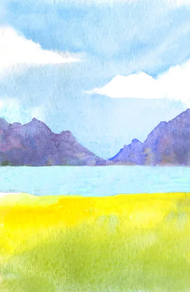 Streszczenie Akwarela Ilustracja Pastwiskami Jeziorem Lub Rzeką Górami Błękitne Niebo — Zdjęcie stockowe