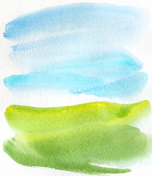 Abstract Watercolor Landscape Blue Sky Green Grass Field Handmade Illustration — стоковое фото