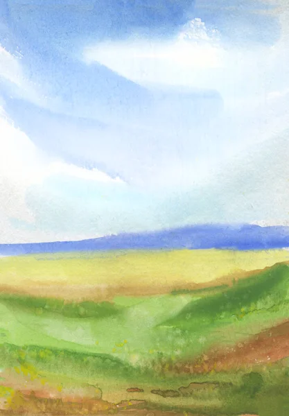 Akvarel Abstraktní Krajina Modrou Oblohou Vzdálené Kopce Travnatá Pole Ručně — Stock fotografie