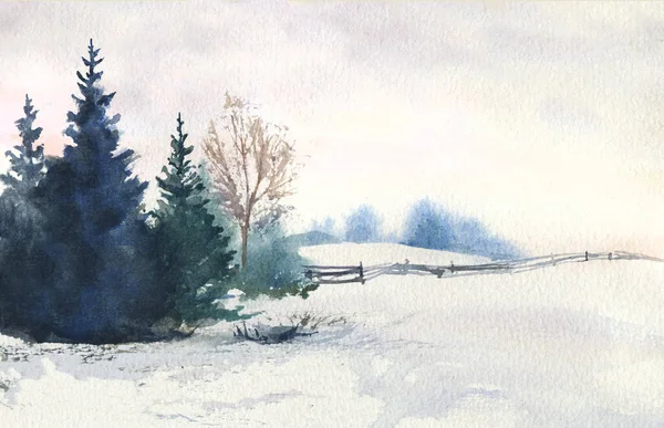 Watercolor Winter Countryside Scene Fir Trees Old Fence Snow Distant — Foto de Stock