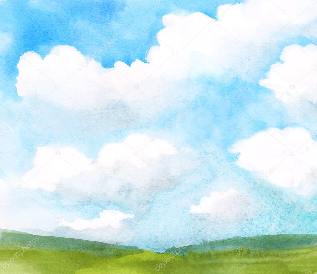 Abstract watercolor landscape with white fluffy clouds on blue sky and green grass field. Hand drawn natural countryside background illustration