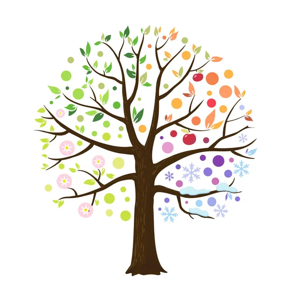 すべての季節のシンボル ベクトルイラスト 春の花 夏の葉 秋の果物と冬の雪の結晶を持つ単一の木としての木 — ストックベクタ
