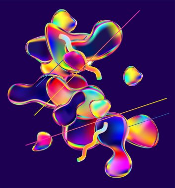 Renkli yanardöner şekiller. Parlak sıvı baloncukların arka planı. Parlak vektör bileşimi.