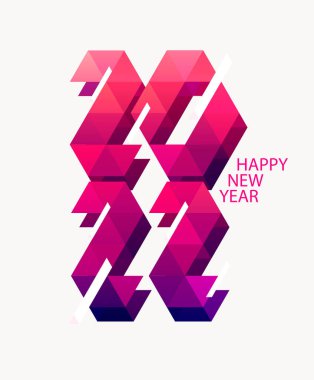 Yeni yıl 2022. Parlak geometrik sayılar. Tebrik kartı tasarımı. Çokgen harfler.