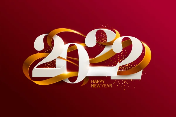 Πρωτοχρονιά 2022 Ευχετήρια Κάρτα Ημερομηνία Και Κορδέλα Κόκκινο Φόντο Κομψός — Διανυσματικό Αρχείο
