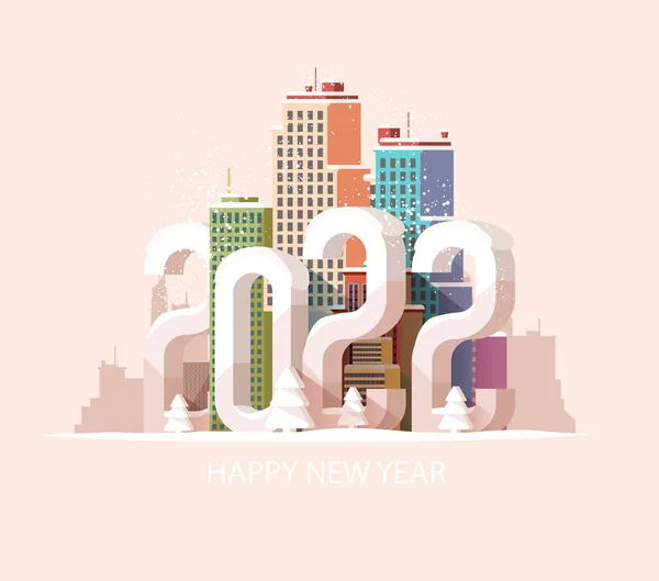 2022年新年 大規模な数字で街の風景 グリーティングカードデザイン — ストックベクタ