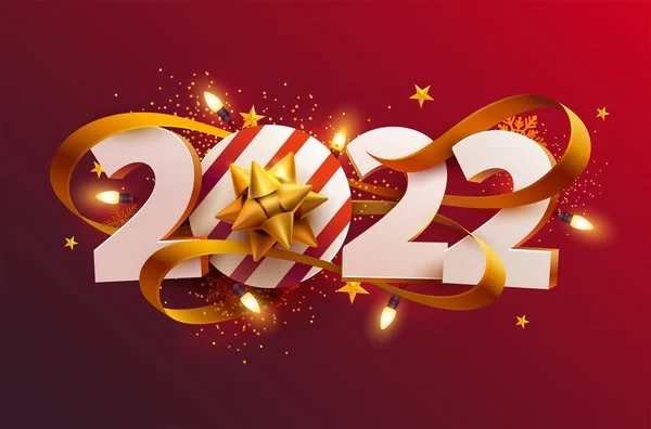 New Years 2022 Greeting Card Date Ribbon Red Background — Stock Vector