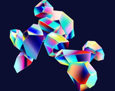 Renkli yanardöner kristallerin soyut bileşimi. Geometrik çokgen tasarım.