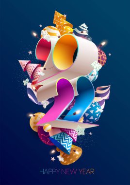 Yeni yıl 2022. Renkli Noel süslemeleri olan parlak rakamlar. 3B tebrik kartı tasarımı.