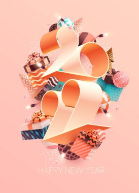 2022 yılbaşı posteri. Renkli Noel süslemeleri olan parlak rakamlar. Parlak tebrik kartı tasarımı.