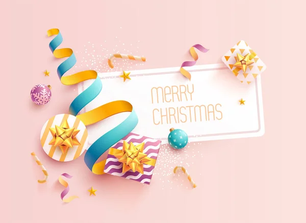 Різдвяний Вітальний Банерний Дизайн Подарунками Кульками Золотими Стрічками — стоковий вектор