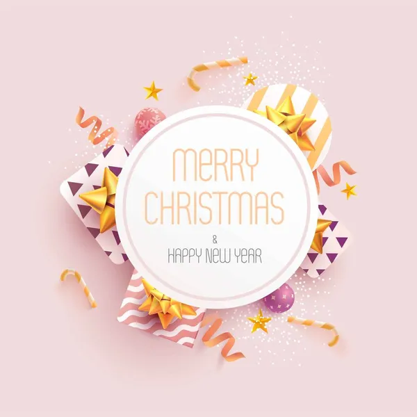 Χριστουγεννιάτικη Ευχετήρια Κάρτα Σχεδιασμού Δώρα Μπάλες Και Χρυσή Κορδέλα Πρωτοχρονιάτικη — Διανυσματικό Αρχείο