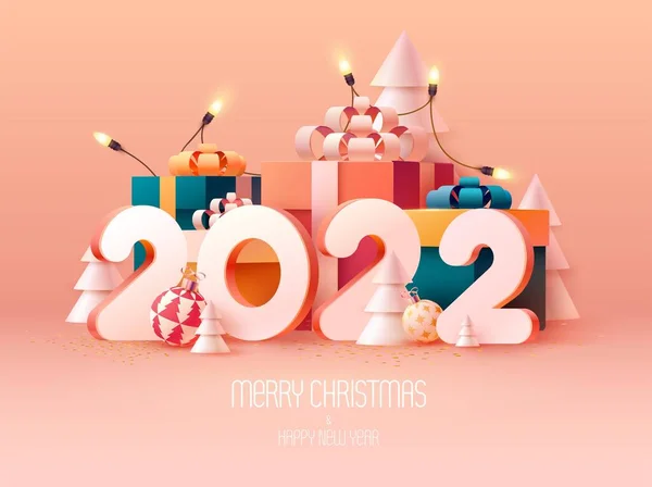 Feliz Año Nuevo Cartel 2022 Números Blancos Con Coloridas Cajas — Vector de stock